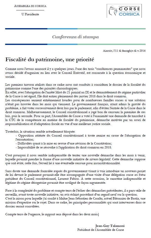 CP - FISCALITÉ DU PATRIMOINE, UNE PRIORITÉ