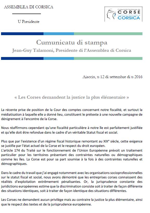 CP - STATUT FISCAL ET SOCIAL « LES CORSES DEMANDENT LA JUSTICE LA PLUS ÉLÉMENTAIRE »