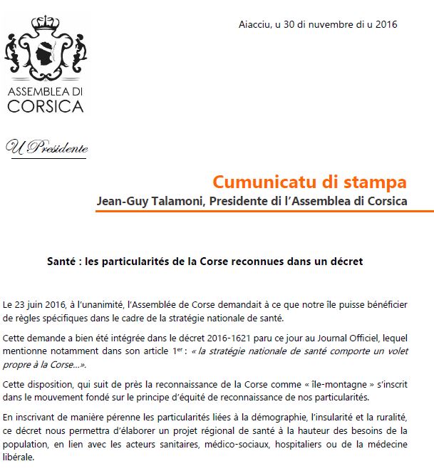 CP - SANTÉ : LES PARTICULARITÉS DE LA CORSE RECONNUES DANS UN DÉCRET CP - SANTÉ : LES PARTICULARITÉS DE LA CORSE RECONNUES DANS UN DÉCRET