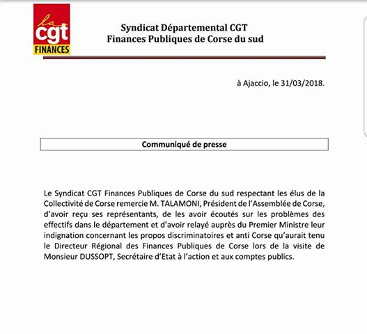 CP - "Entre la parole des syndicalistes corses et celle de M. Yann Poujol de Molliens, le gouvernement a fait son choix"