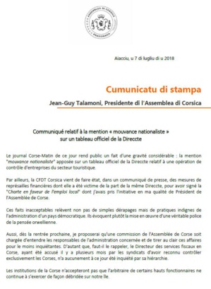 Communiqué : Mention « mouvance nationaliste » sur un tableau officiel de la Direccte Communiqué : Mention « mouvance nationaliste » sur un tableau officiel de la Direccte