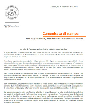 Communiqué de presse - Au sujet de l'agression présumée d'un médecin par un islamiste Communiqué de presse - Au sujet de l'agression présumée d'un médecin par un islamiste