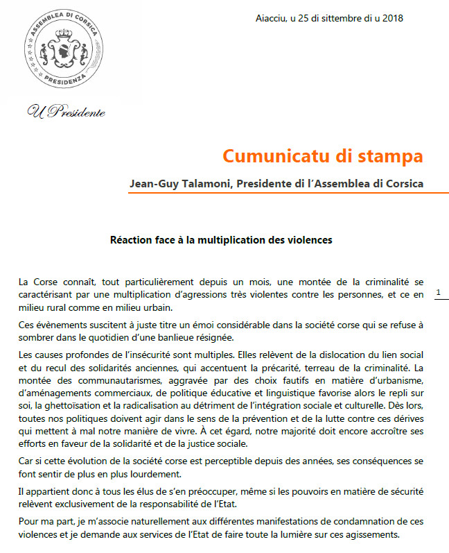Communiqué de presse - Réaction du Président de l'Assemblée de Corse face à la multiplication des violences Communiqué de presse - Réaction du Président de l'Assemblée de Corse face à la multiplication des violences
