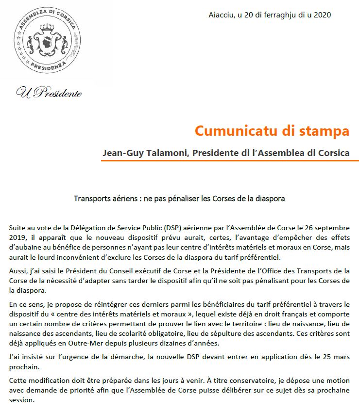 CP - Transports aériens : ne pas pénaliser les Corses de la diaspora CP - Transports aériens : ne pas pénaliser les Corses de la diaspora