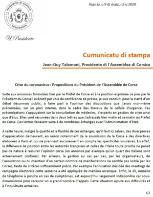 CP - Crise du coronavirus : les propositions du Président de l'Assemblée de Corse