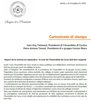 Report de la rentrée en septembre : le vote de l'Assemblée de Corse doit être respecté