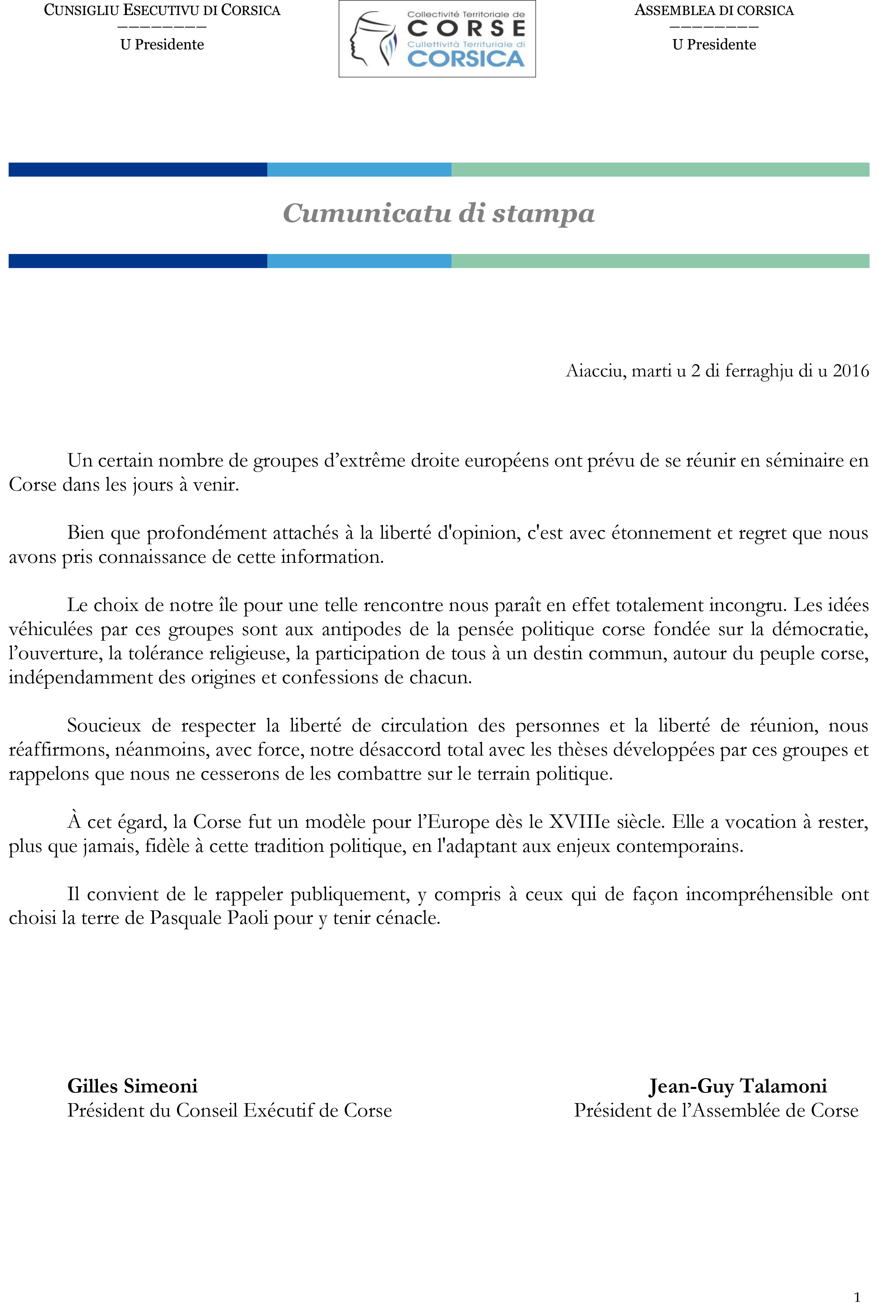 CP - SÉMINAIRE GROUPES D'EXTRÊME DROITE EUROPÉENS EN CORSE