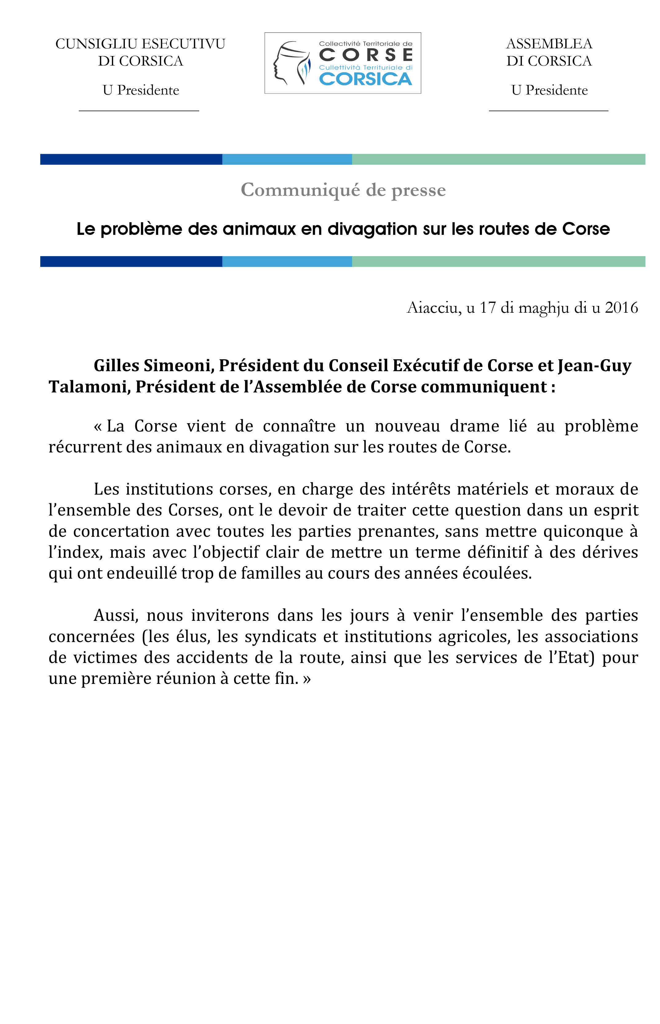 CP - LE PROBLÈME DES ANIMAUX EN DIVAGATION SUR LES ROUTES DE CORSE