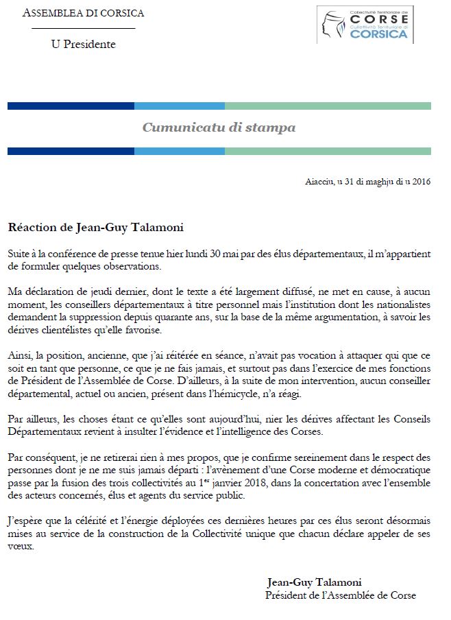 CP - ​RÉACTION DE JEAN-GUY TALAMONI À LA CONFÉRENCE DE PRESSE DES ÉLUS DÉPARTEMENTAUX