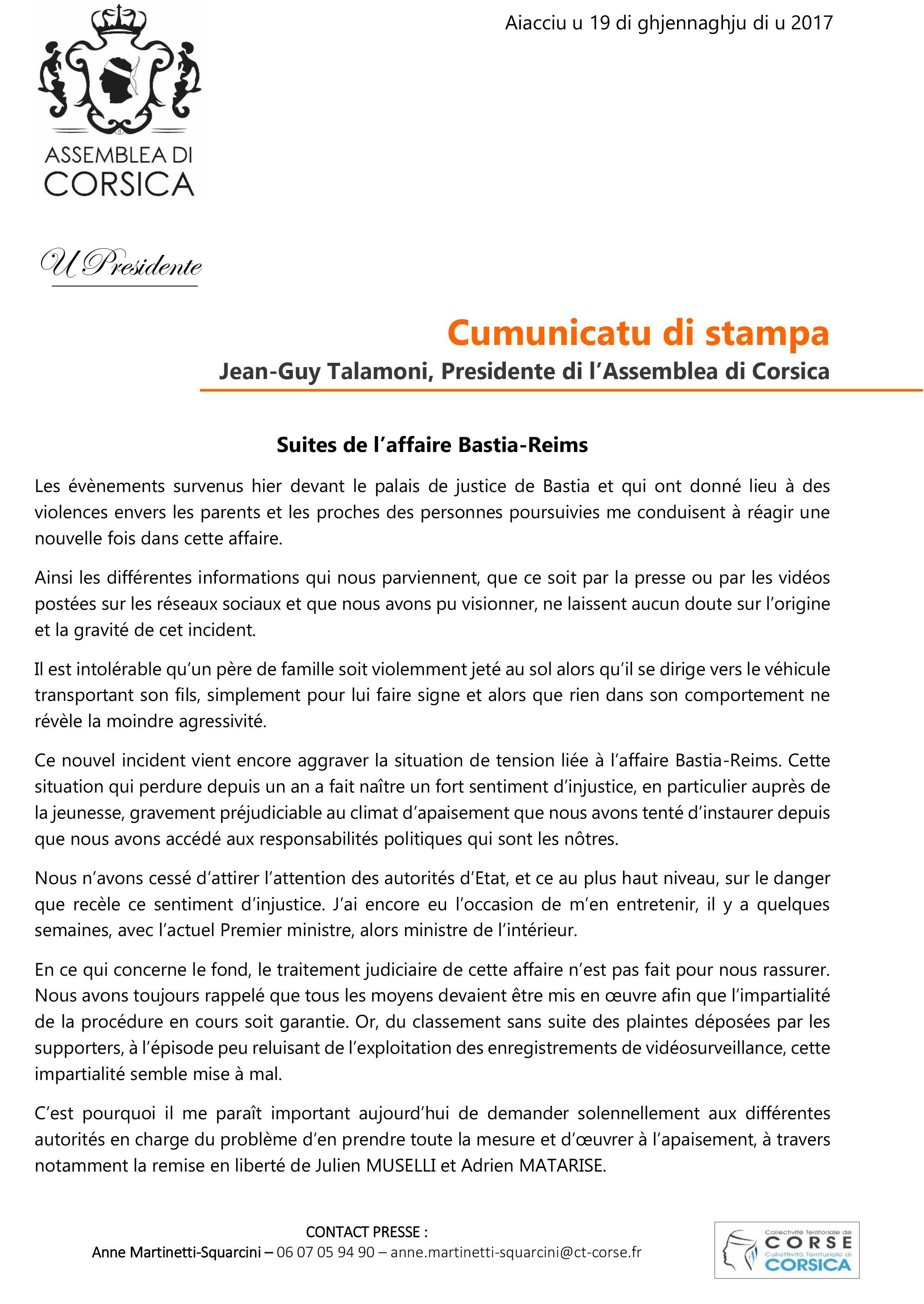 CP - ​SUITES DE L’AFFAIRE BASTIA-REIMS