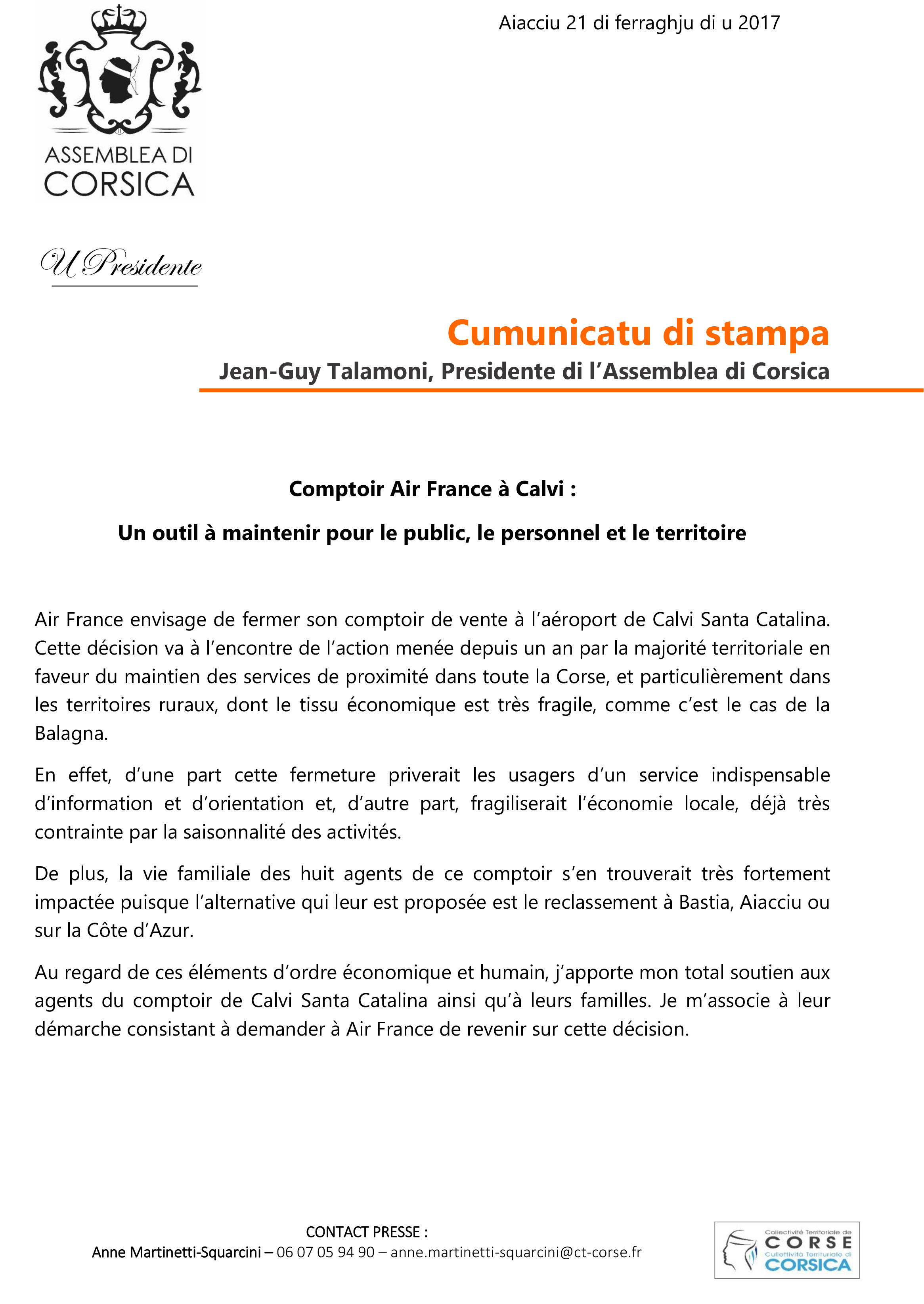 CP - COMPTOIR AIR FRANCE À CALVI : UN OUTIL À MAINTENIR POUR LE PUBLIC, LE PERSONNEL ET LE TERRITOIRE