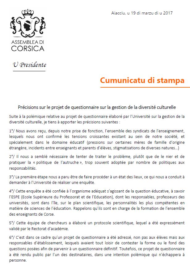 CP - PRÉCISIONS SUR LE PROJET DE QUESTIONNAIRE SUR LA GESTION DE LA DIVERSITÉ CULTURELLE