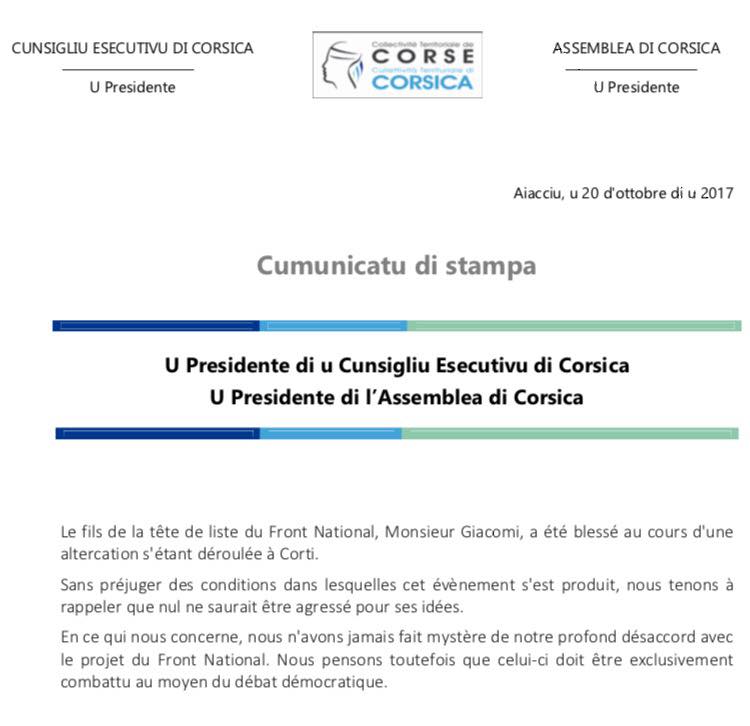 CP - Suite à l'altercation à Corti