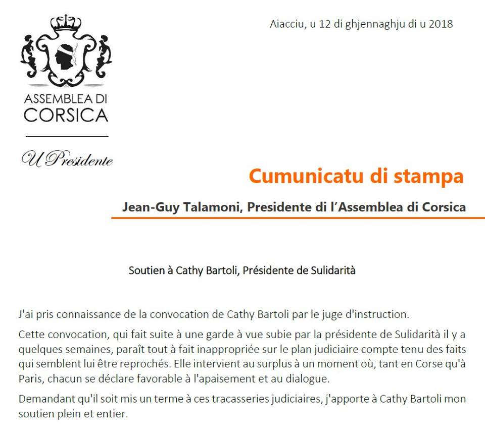 CP - Soutien à Cathy Bartoli, Présidente de Sulidarità
