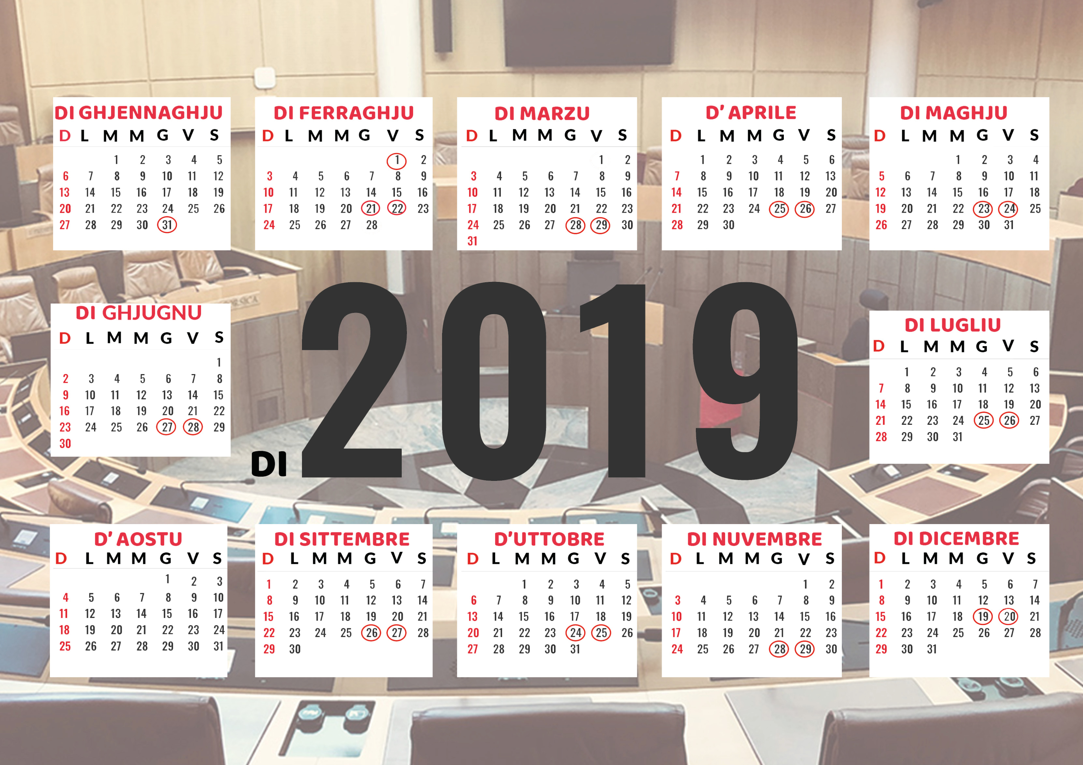 Calendrier prévisionnel des séances publiques de l'Assemblée de Corse - 2019