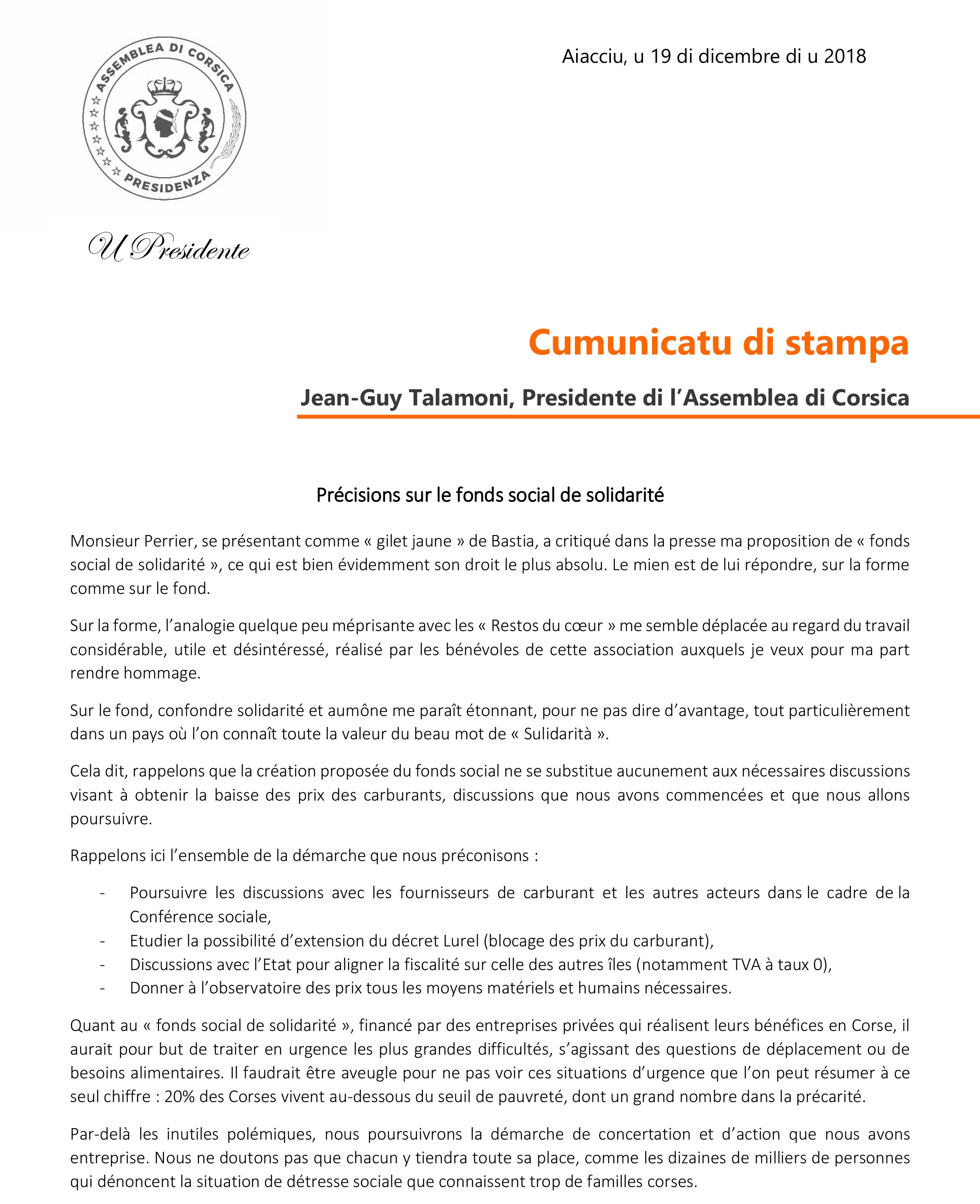Communiqué de presse - Précisions sur le fonds social de solidarité