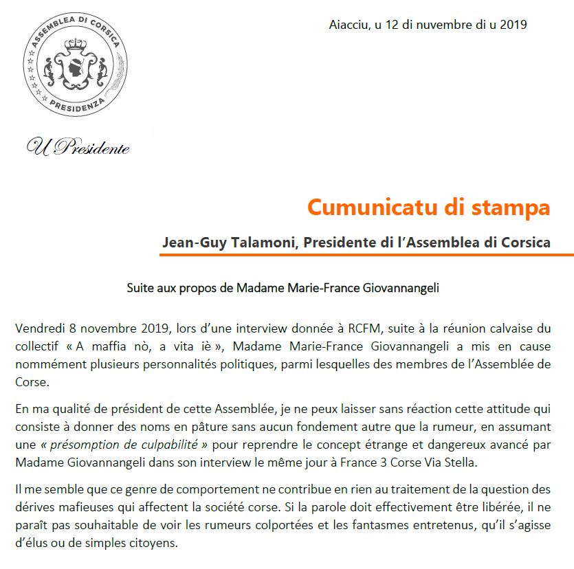 CP - Suite aux propos de Madame Marie-France Giovannangeli