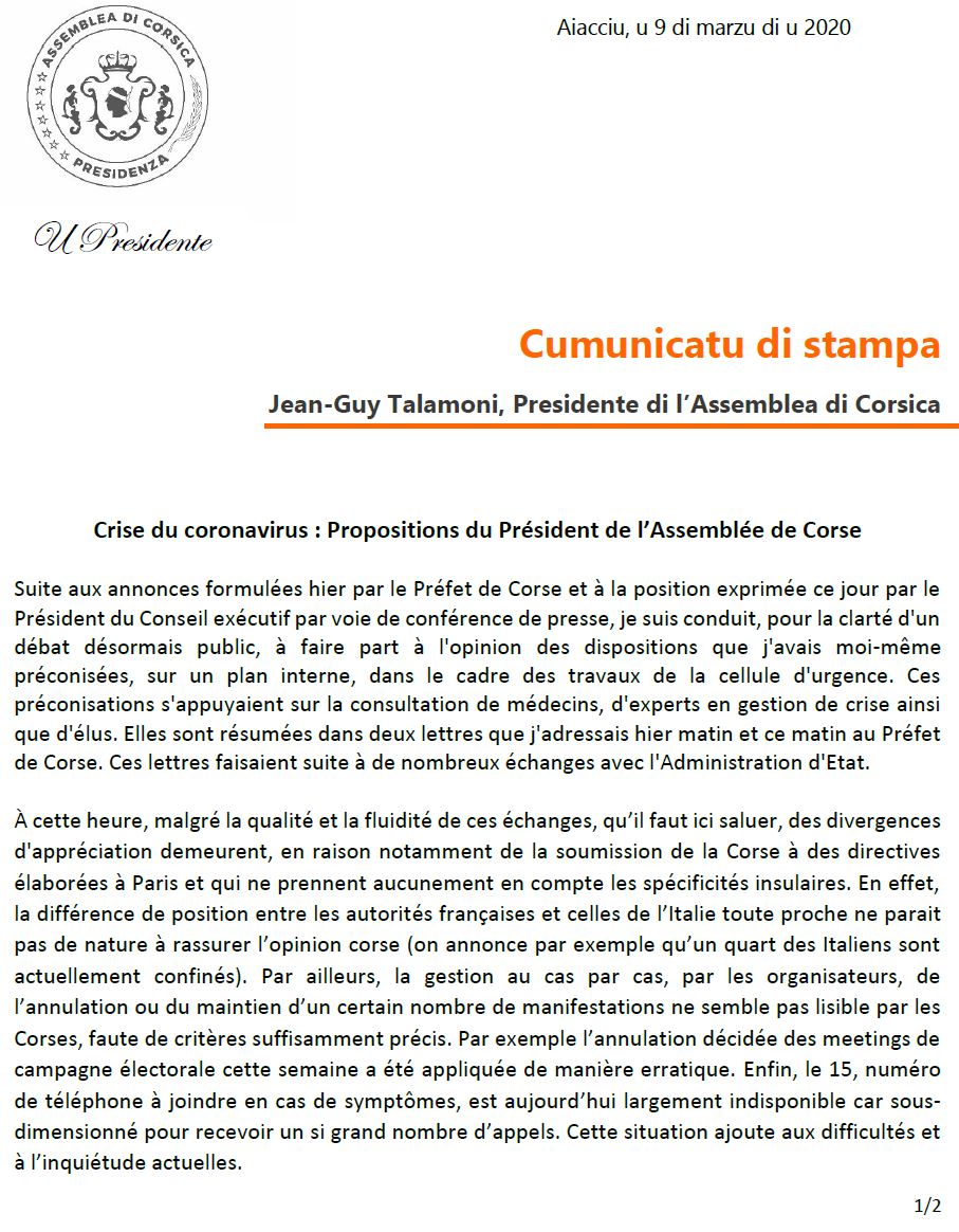 CP - Crise du coronavirus : les propositions du Président de l'Assemblée de Corse