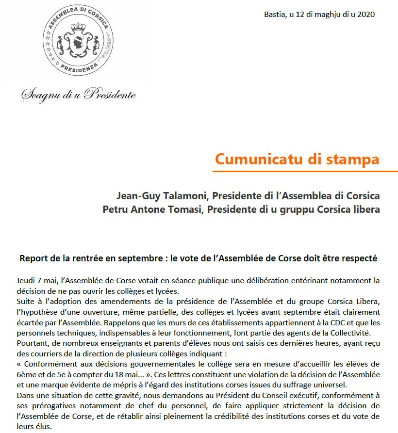 Report de la rentrée en septembre : le vote de l'Assemblée de Corse doit être respecté