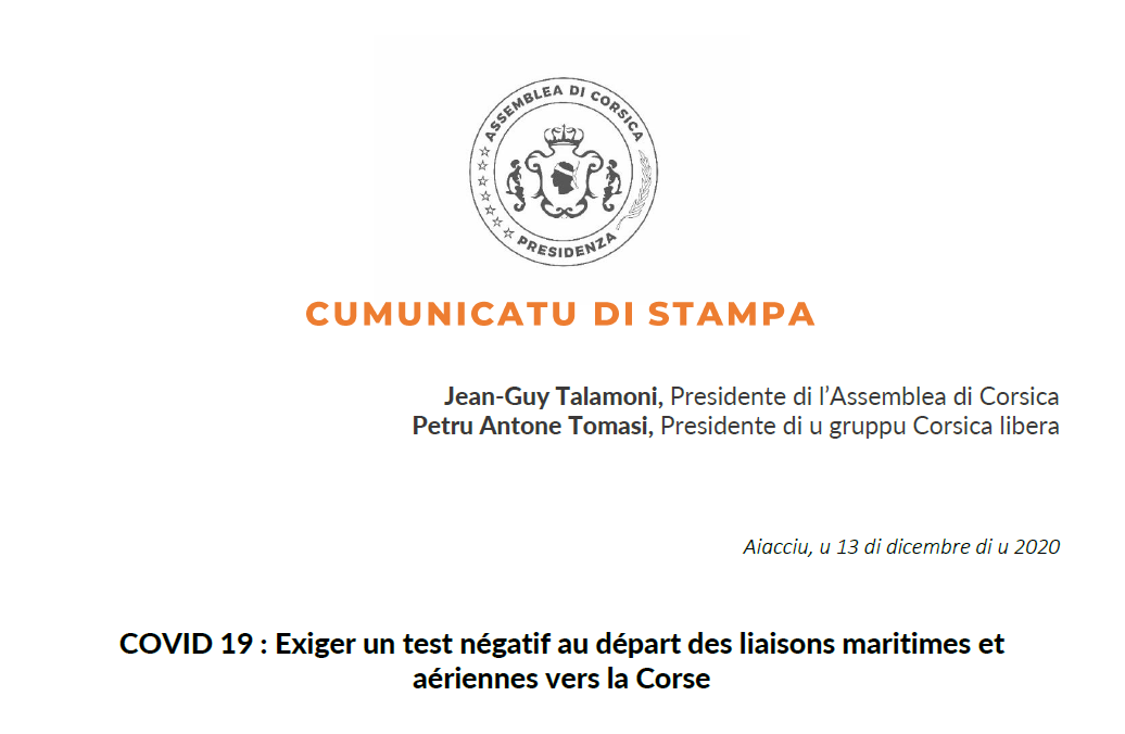 ​COVID 19 : Exiger un test négatif au départ des liaisons maritimes et aériennes vers la Corse