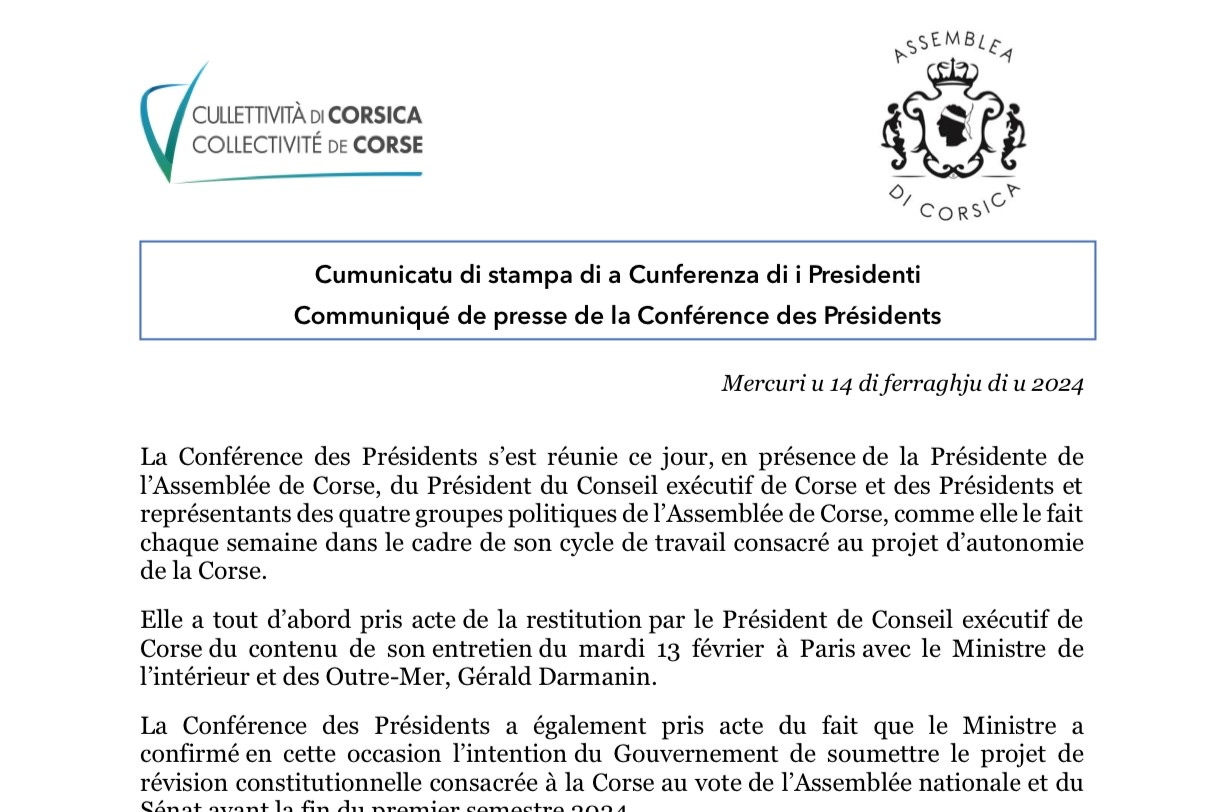 Cumunicatu di stampa di a Cunferenza di i Presidenti : cycle de travail consacré au projet d’autonomie de la Corse