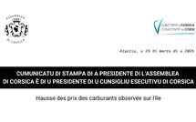 Cumunicatu di stampa di a Presidente di l'Assemblea di Corsica è di u Presidente di u Cunsigliu esecutivu di Corsica : Hausse des prix des carburants observée sur l'île