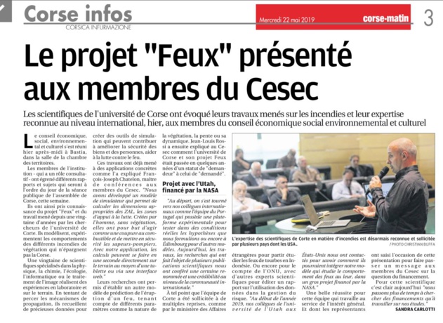 Présentation du Projet "Feux" au CESEC de Corse Présentation du Projet "Feux" au CESEC de Corse