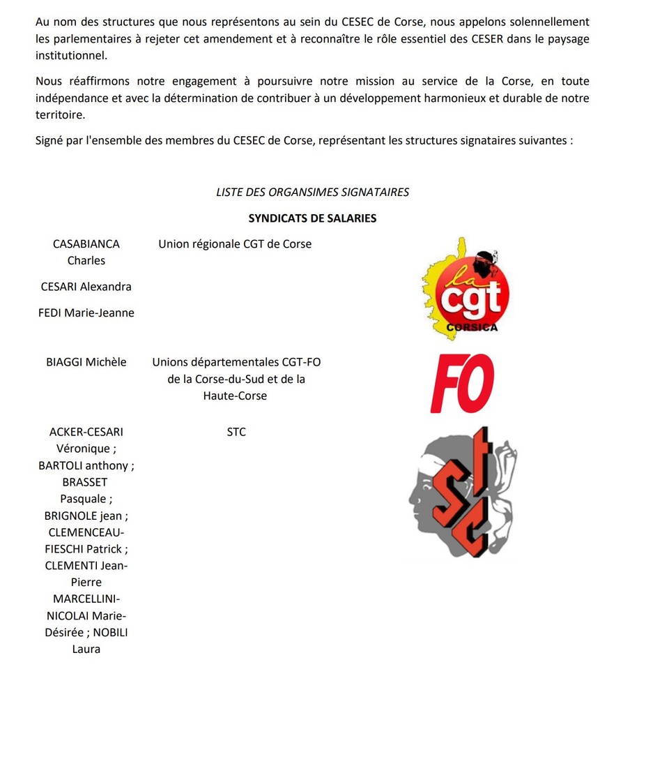 Signataires de la déclaration de CESEC de Corse et mobilisation de la société civile organisée contre la suppression du CESEC et des CESER