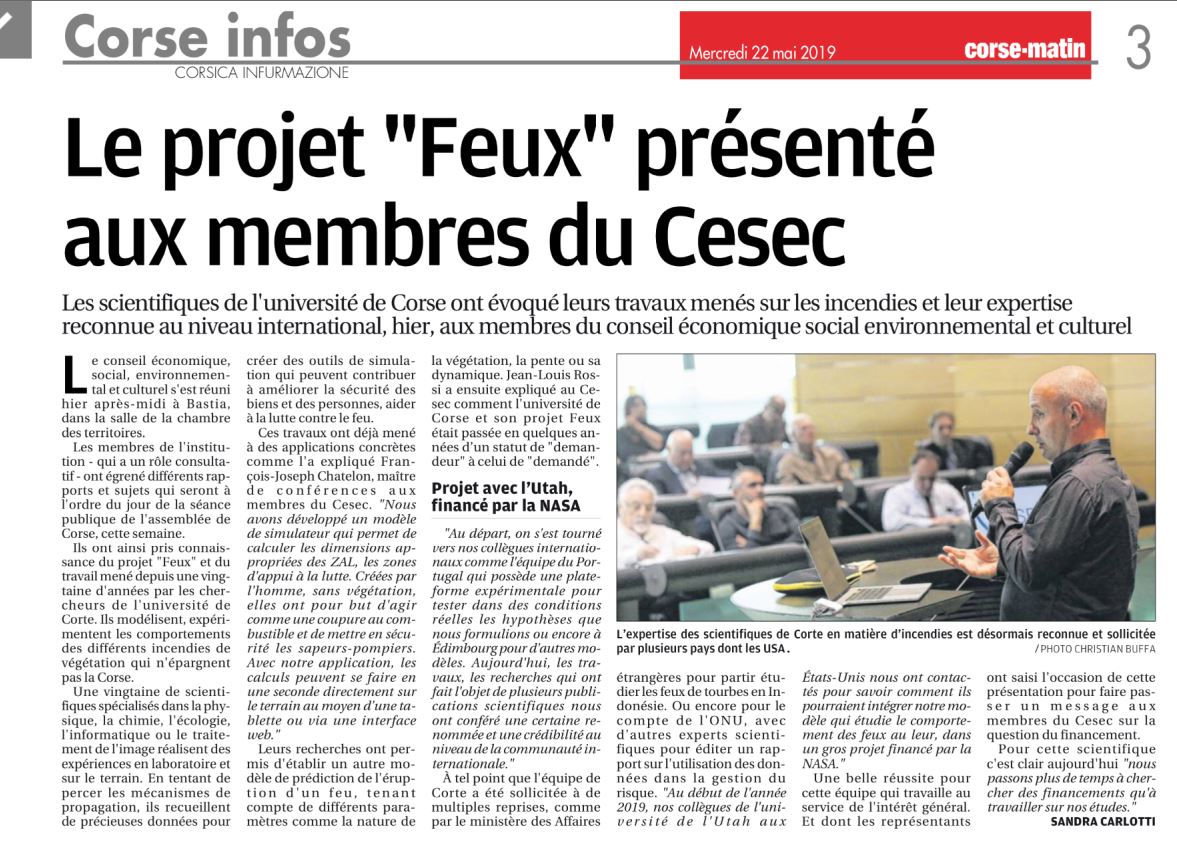Présentation du Projet "Feux" au CESEC de Corse Présentation du Projet "Feux" au CESEC de Corse