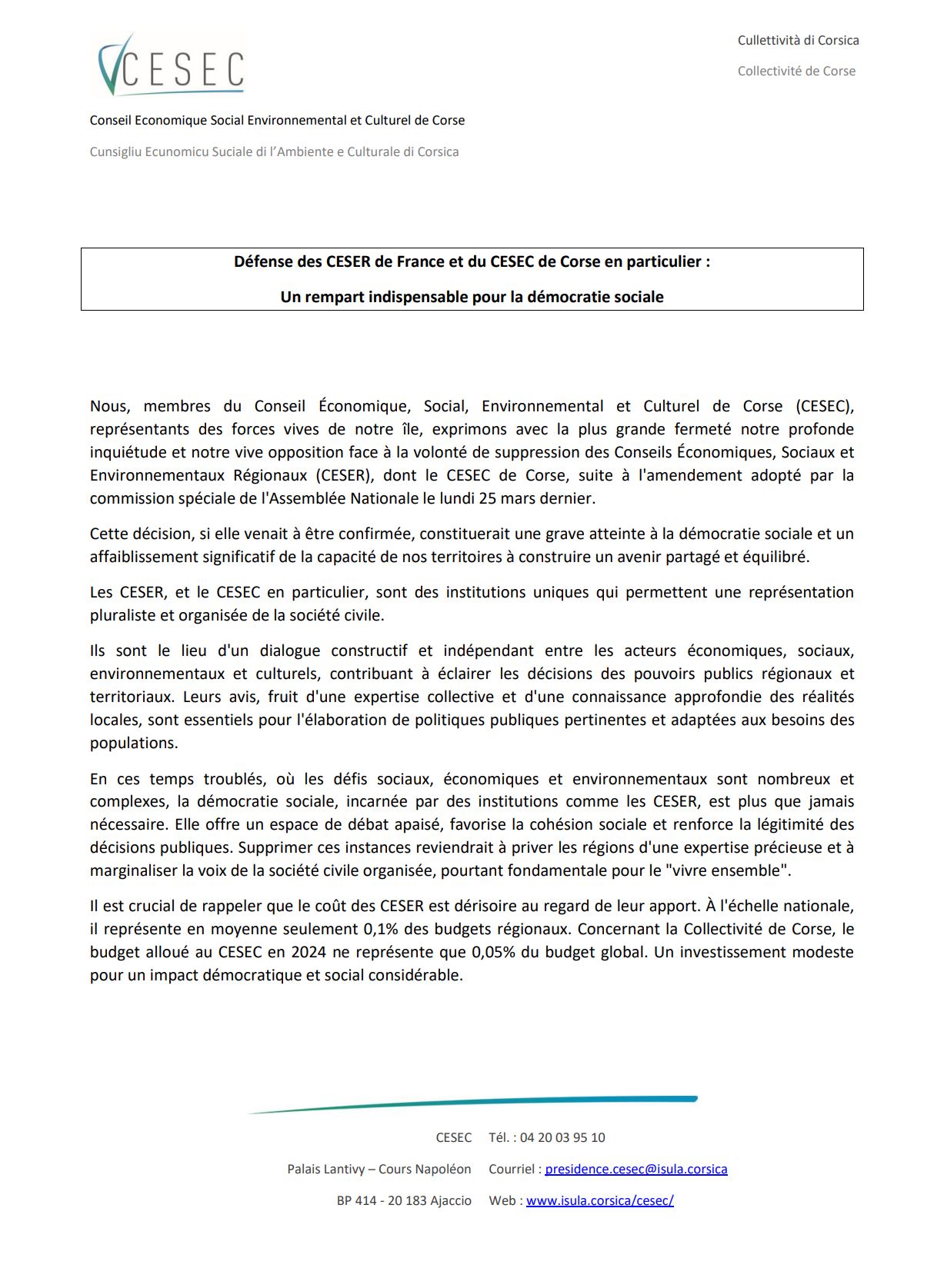 Signataires de la déclaration de CESEC de Corse et mobilisation de la société civile organisée contre la suppression du CESEC et des CESER