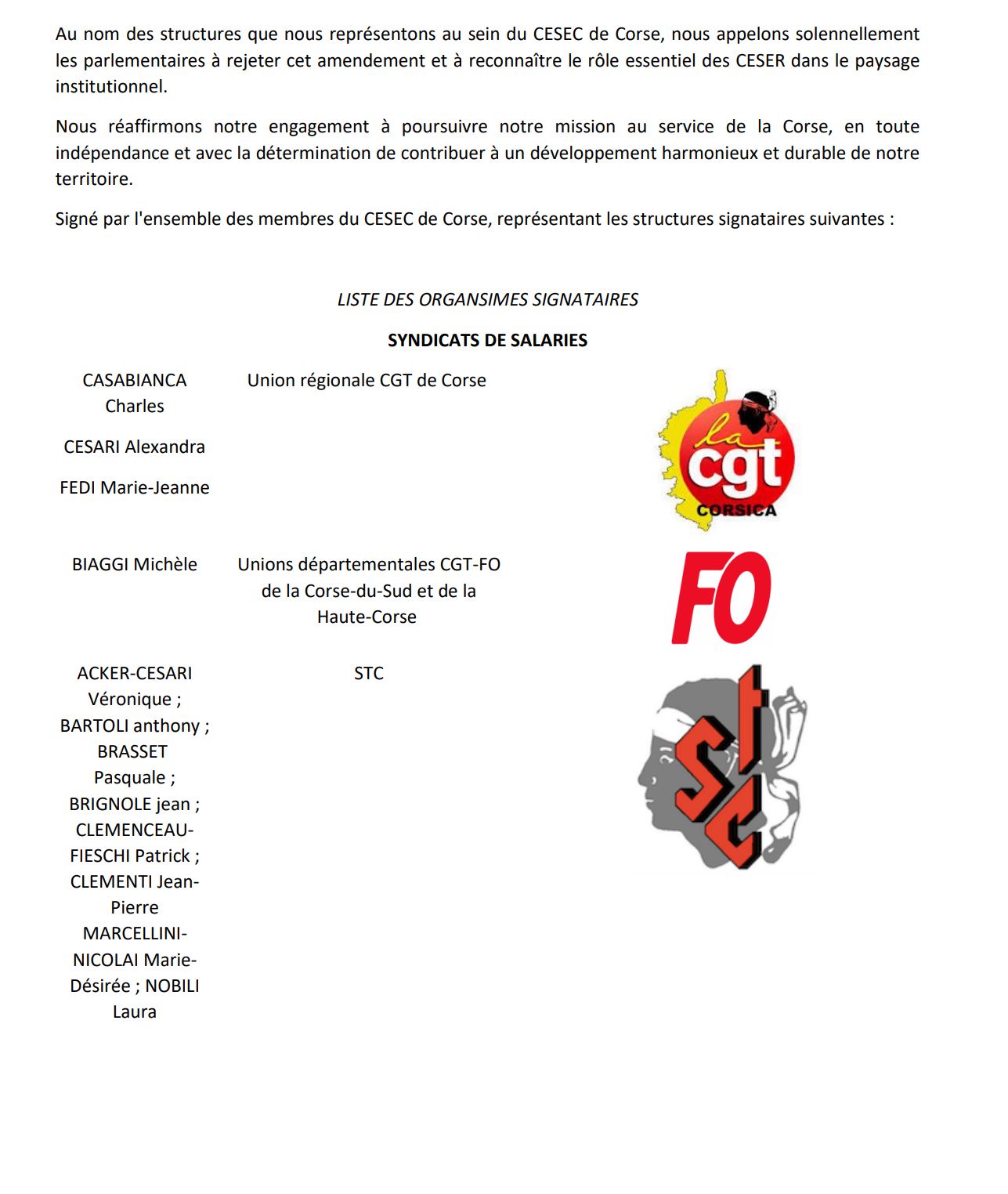 Signataires de la déclaration de CESEC de Corse et mobilisation de la société civile organisée contre la suppression du CESEC et des CESER