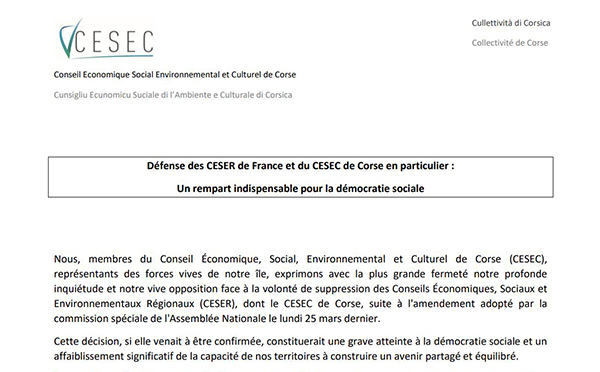 Signataires de la déclaration de CESEC de Corse et mobilisation de la société civile organisée contre la suppression du CESEC et des CESER