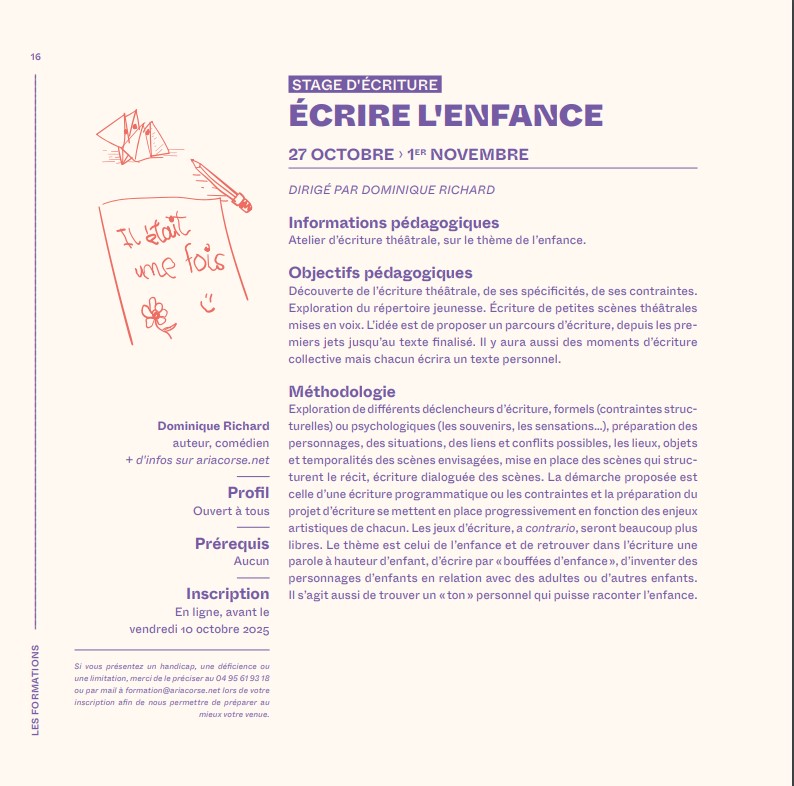 Stage d'écriture : Ecrire l'enfance - L'Aria Corse - Pioghjula 