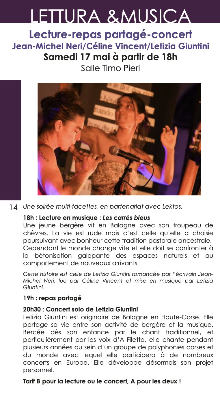 Lecture-repas partagé-concert avec : Jean-Michel Neri, Céline Vincent et Letizia Giuntini - Salle Timo Pieri - I Prunelli di Fiumorbu