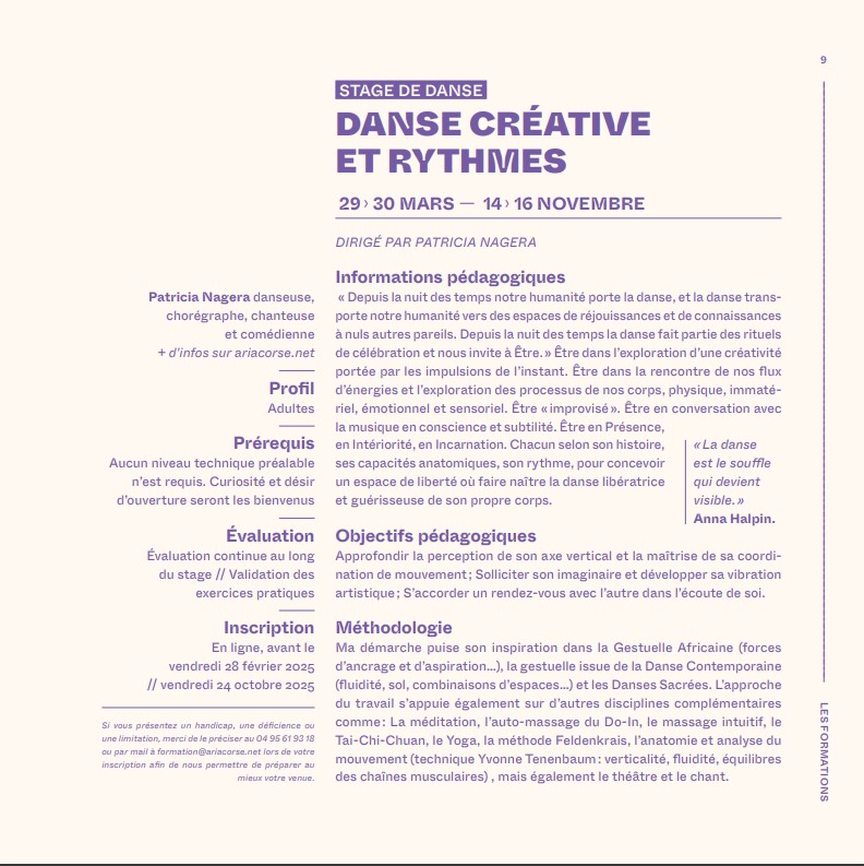 Stage de Danse créative et rythmes dirigé par Patricia Nagera - L'Aria - Pioghjula