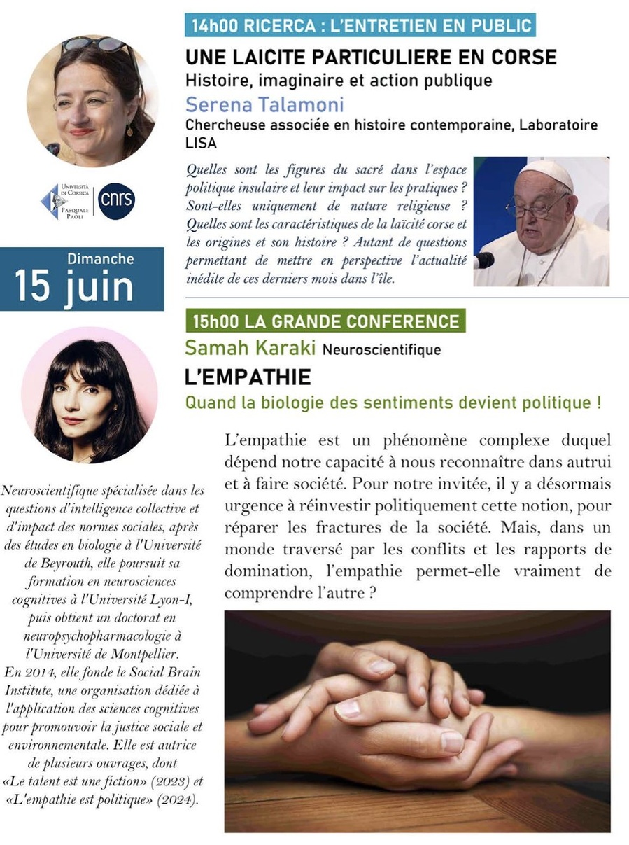 Les rencontres du Parc Galea / « Une laïcite particulière en Corse : Histoire, imaginaire et action publique » par Serena Talamoni et « L’empathie : Quand la biologie des sentiments devient politique ! » par Samah Karaki - Tagliu è Isulacciu