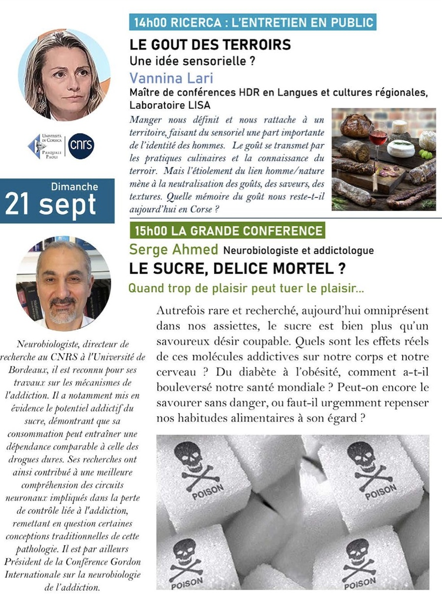 Les rencontres du Parc Galea / « Le goût des terroirs : Une idée sensorielle ? » par Vannina Lari et « Le sucre, delice mortel ?: Quand trop de plaisir peut tuer le plaisir… » par Serge Ahmed - Tagliu è Isulacciu