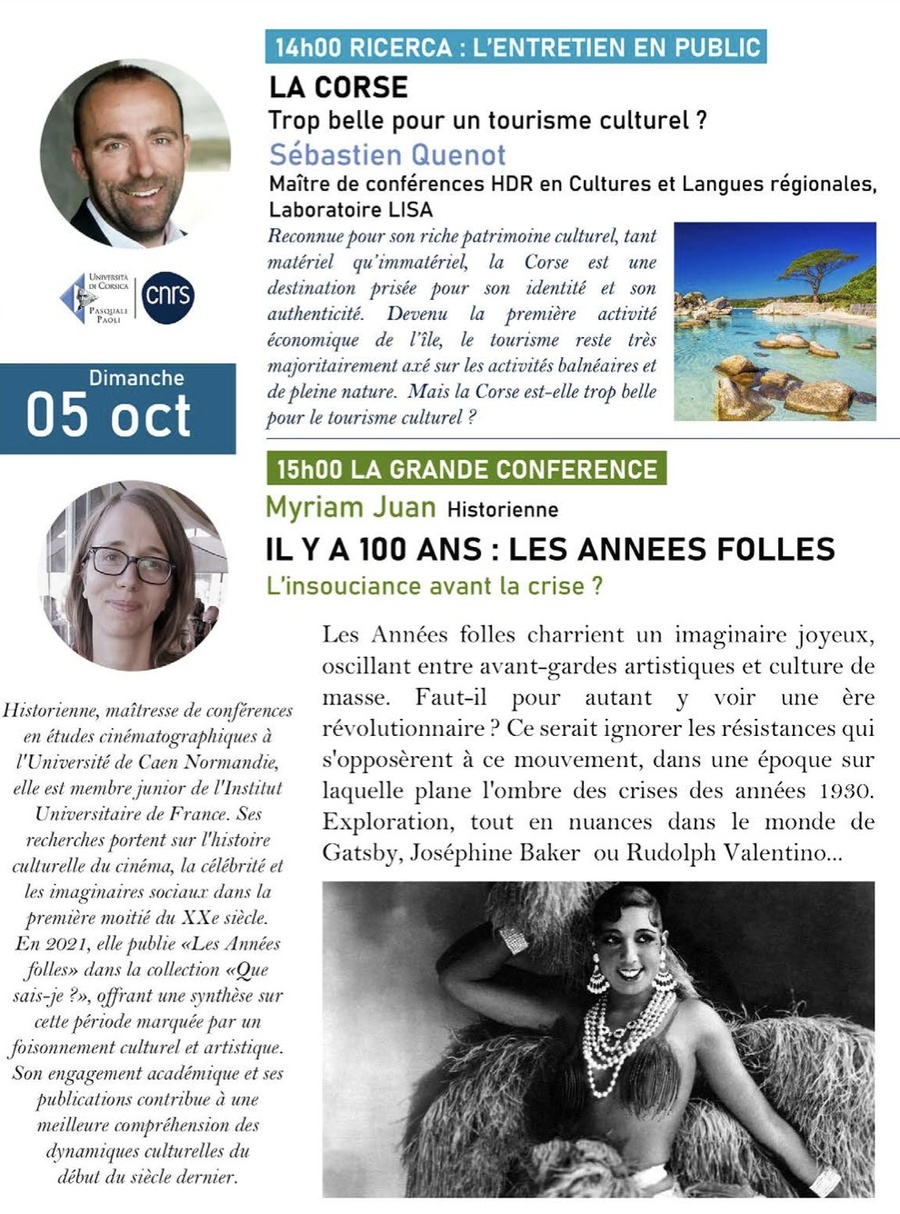 Les rencontres du Parc Galea /  « La Corse : Trop belle pour un tourisme culturel ? » par Sébastien Quenot et « Il y a 100 ans: les années folles, L’insouciance avant la crise ? » par Myriam Juan - Tagliu è Isulacciu