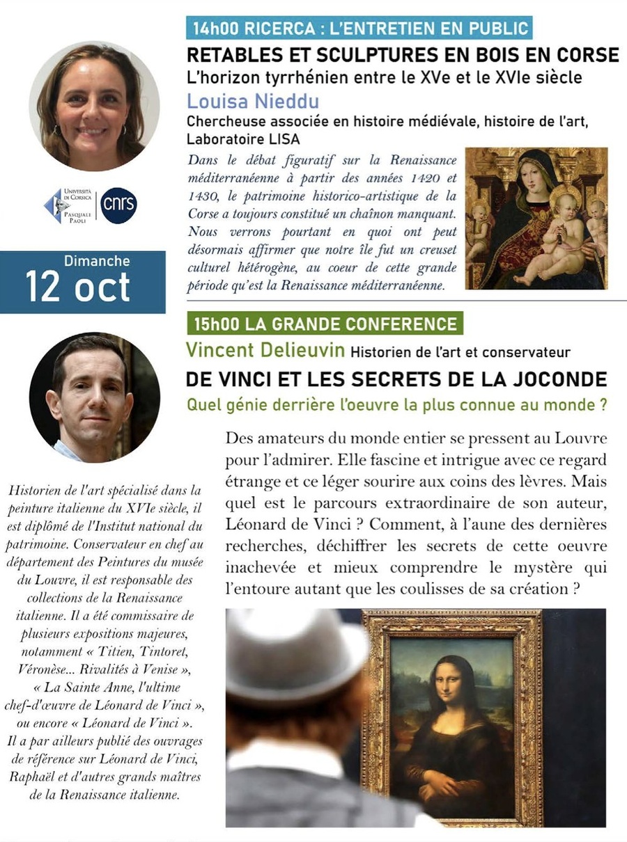 Les rencontres du Parc Galea /  « Retables et sculptures en bois en corse : L’horizon tyrrhénien entre le XVe et le XVle siècle » par Louisa Nieddu et « De Vinci et les secrets de la Joconde : Quel génie derrière l'oeuvre la plus connue au monde » par Vincent Delieuvin - Tagliu è Isulacciu