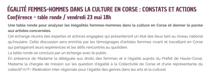 Conférence - table ronde « Égalité femmes-hommes dans la culture en Corse : constats et actions » - Parc de Saleccia - L'Isula
