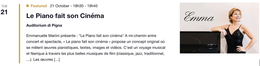 Concert : Emmanuelle Mariini “Le Piano fait son cinéma” - CNCM VOCE - Pigna 