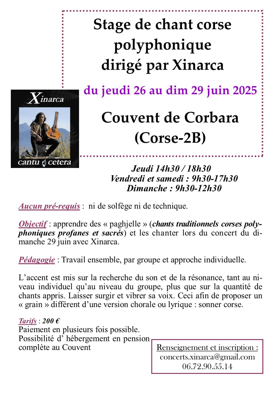 Stage de chant corse polyphonique dirigé par Xinarca - Couvent - A Curbaghja