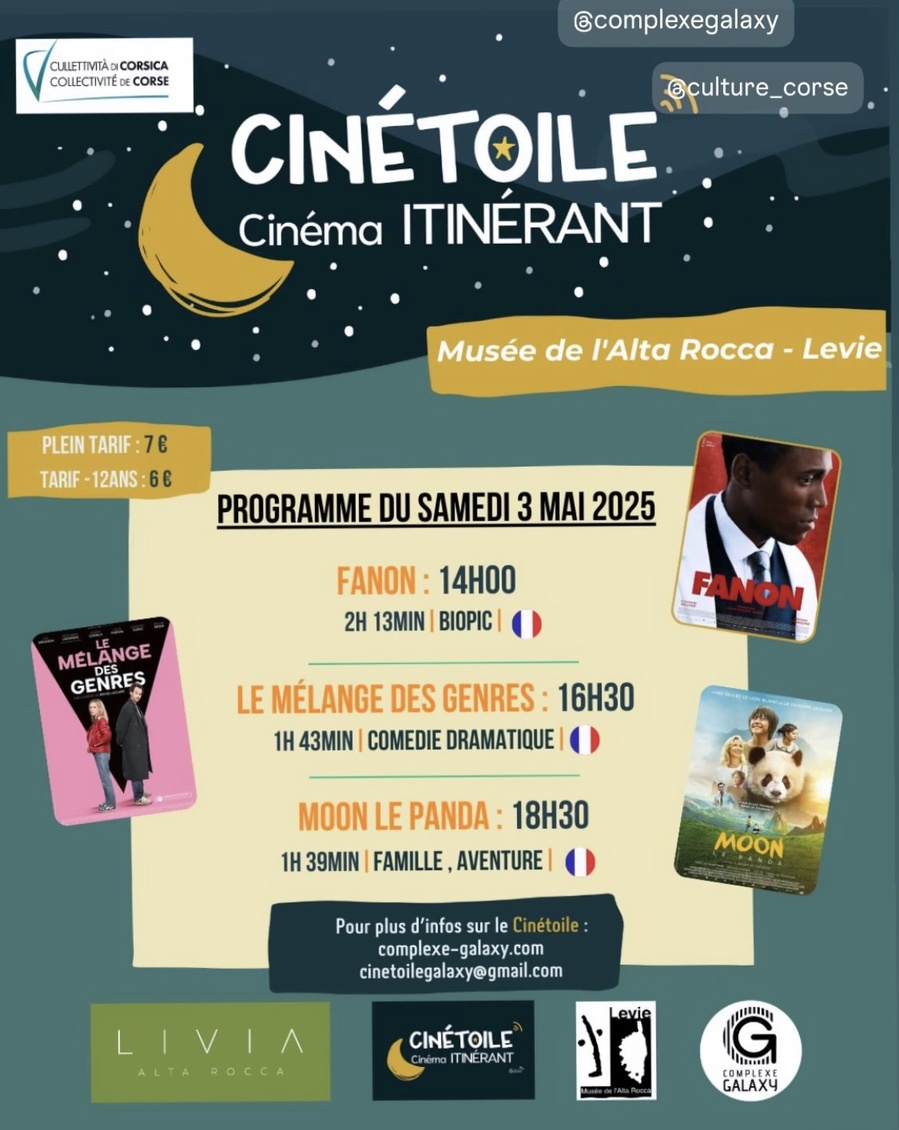 Cinétoile : Cinéma itinérant / Projection des films : « Fanon », « Le mélange des genres » et « Moon le Panda » - Musée de l'Alta Rocca - Livia