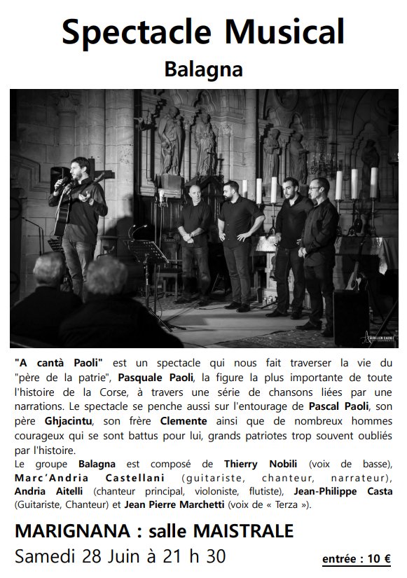 Spectacle musical avec le groupe Balagna "A cant'à Paoli"- Salle Maistrale