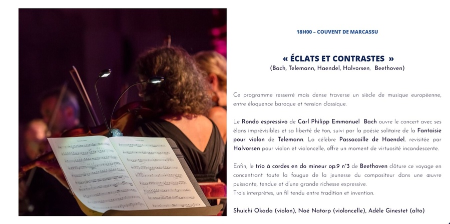 Concert "Éclats et contrastes" à Calenzana - Musique de Bach, Telemann, Haendel, Halvorsen et Beethoven