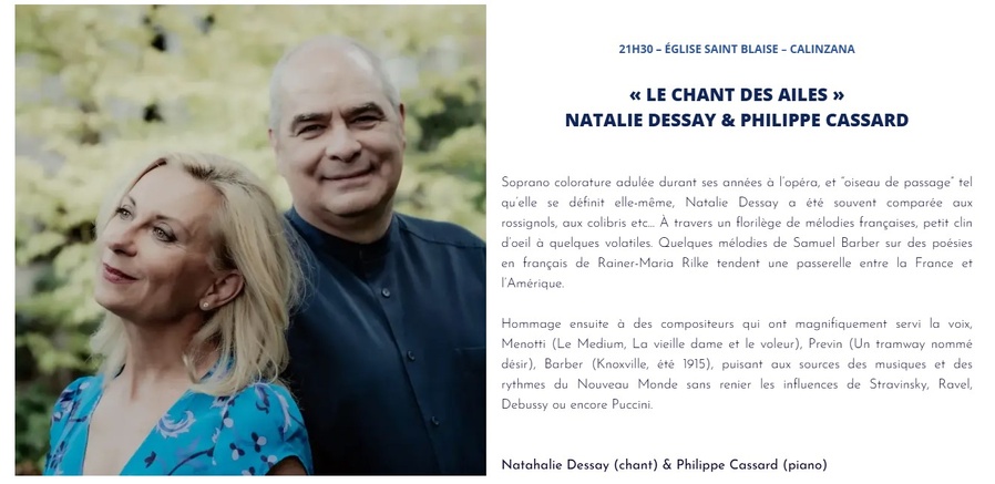 Les Rencontres de Calenzana / Concert "Le chant des ailes" par Natalie Dessay & Philippe Cassard - Église Saint Blaise