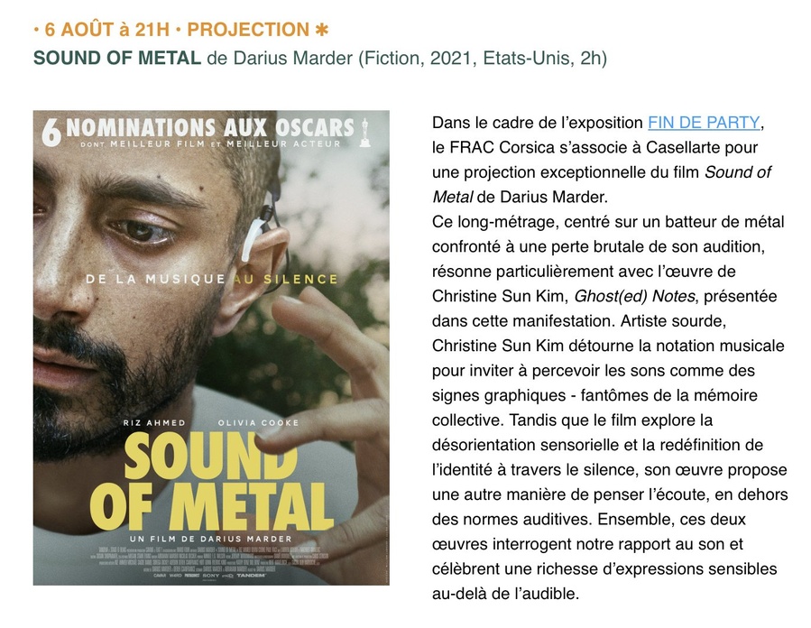 Projection de 'Sound of Metal' dans le cadre de l'exposition 'Fin de Party'