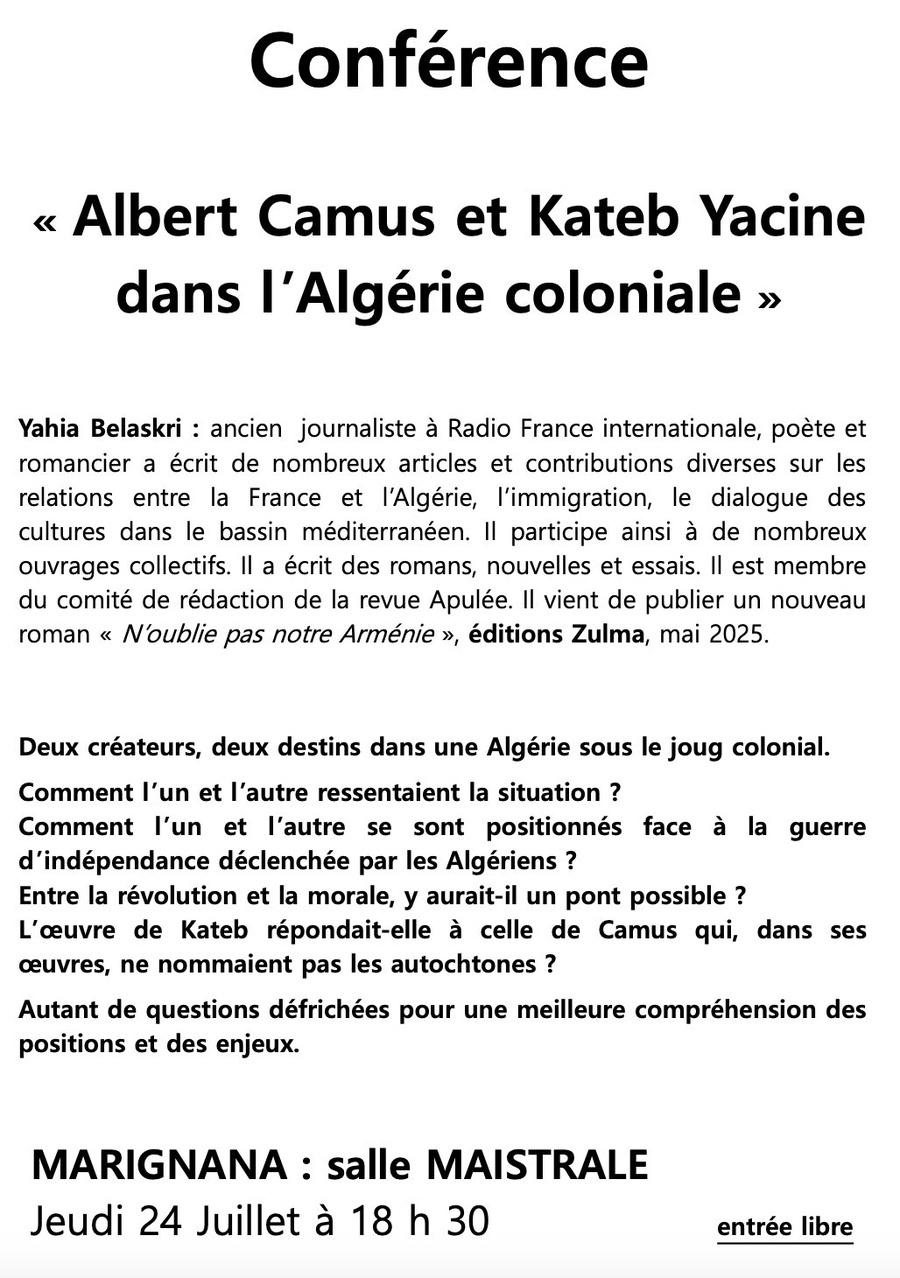 Conférence sur Albert Camus et Kateb Yacine animée par Yahia Belaskri