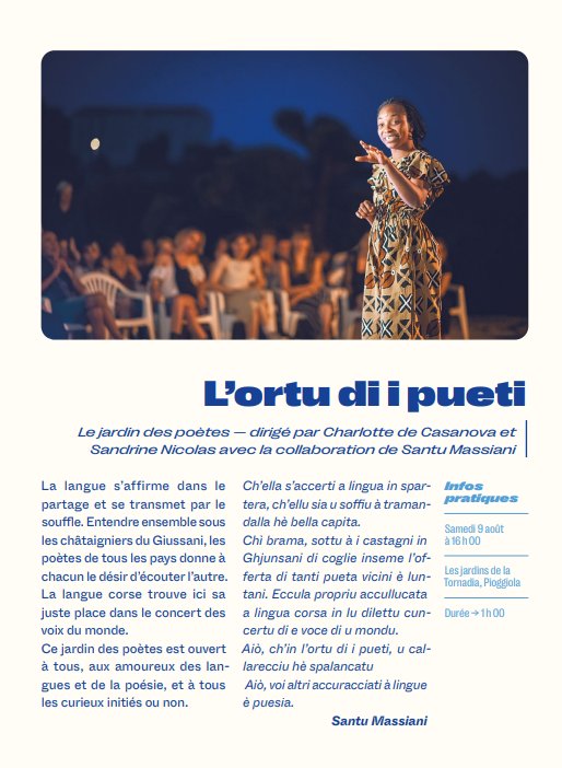 27e Rencontres Internationales de Théâtre en Corse / "L’ortu di i pueti" dirigé par Charlotte de Casanova et Sandrine Nicolas avec la collaboration de Santu Massiani - Les jardins de la Tornadia