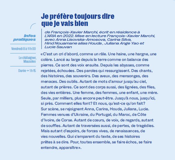 27e Rencontres Internationales de Théâtre en Corse : Lecture de 'Je préfère toujours dire que je vais bien'